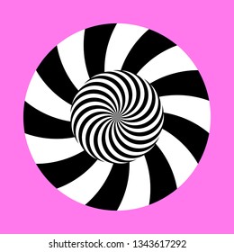 Twirling spin circle. Circular geometric pattern with moving effect of rotation. Black and white optical symbol with striped lines.