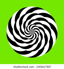 Twirling spin circle. Circular geometric pattern with moving effect of rotation. Black and white optical symbol with striped lines.