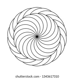 Twirling spin circle. Circular geometric pattern with moving effect of rotation. Optical symbol with black stroked lines on white background.