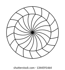 Twirling spin circle. Circular geometric pattern with moving effect of rotation. Optical symbol with black stroked lines on white background.