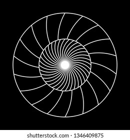 Twirling spin circle. Circular geometric pattern with moving effect of rotation. Optical symbol with white stroked lines on black background.
