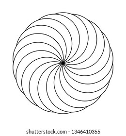 Twirling spin circle. Circular geometric pattern with moving effect of rotation. Optical symbol with black stroked lines on white background.