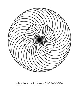 Twirling spin circle. Circular geometric pattern with moving effect of rotation. Optical symbol with black stroked lines on white background.