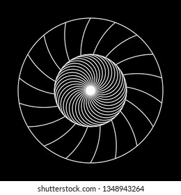 Twirling spin circle. Circular geometric pattern with moving effect of rotation. Optical symbol with white stroked lines on black background.