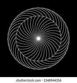 Twirling spin circle. Circular geometric pattern with moving effect of rotation. Optical symbol with white stroked lines on black background.