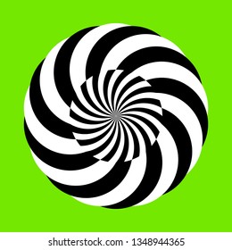 Twirling spin circle. Circular geometric pattern with moving effect of rotation. Black and white optical symbol with striped lines.