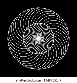 Twirling spin circle. Circular geometric pattern with moving effect of rotation. Optical symbol with white stroked lines on black background.