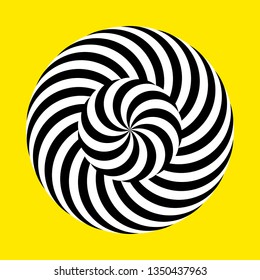 Twirling spin circle. Circular geometric pattern with moving effect of rotation. Black and white optical symbol with striped lines.