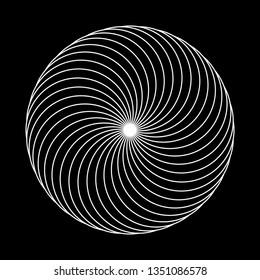 Twirling spin circle. Circular geometric pattern with moving effect of rotation. Optical symbol with white stroked lines on black background.
