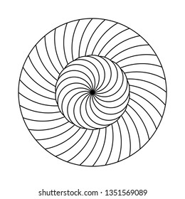 Twirling spin circle. Circular geometric pattern with moving effect of rotation. Optical symbol with black stroked lines on white background.