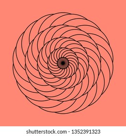 Twirling spin circle. Circular geometric pattern with moving effect of rotation. Optical symbol with stroked lines on color background.