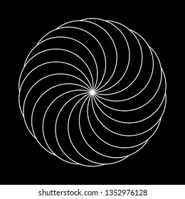 Twirling spin circle. Circular geometric pattern with moving effect of rotation. Optical symbol with white stroked lines on black background.