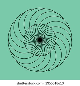 Twirling spin circle. Circular geometric pattern with moving effect of rotation. Optical symbol with stroked lines on color background.