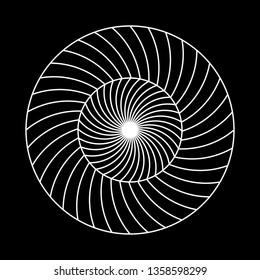 Twirling spin circle. Circular geometric pattern with moving effect of rotation. Optical symbol with white stroked lines on black background.