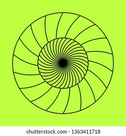 Twirling spin circle. Circular geometric pattern with moving effect of rotation. Optical symbol with stroked lines on color background.