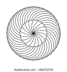 Twirling spin circle. Circular geometric pattern with moving effect of rotation. Optical symbol with black stroked lines on white background.