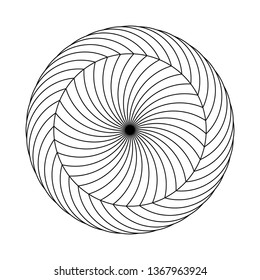 Twirling spin circle. Circular geometric pattern with moving effect of rotation. Optical symbol with black stroked lines on white background.