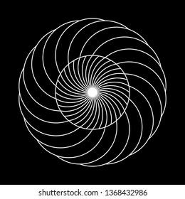 Twirling spin circle. Circular geometric pattern with moving effect of rotation. Optical symbol with white stroked lines on black background.