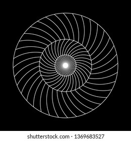 Twirling spin circle. Circular geometric pattern with moving effect of rotation. Optical symbol with white stroked lines on black background.