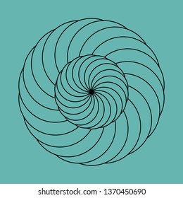 Twirling spin circle. Circular geometric pattern with moving effect of rotation. Optical symbol with stroked lines on color background.