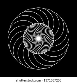 Twirling spin circle. Circular geometric pattern with moving effect of rotation. Optical symbol with white stroked lines on black background.
