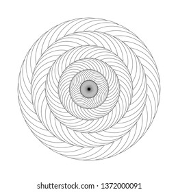 Twirling spin circle. Circular geometric pattern with moving effect of rotation. Optical symbol with black stroked lines on white background.