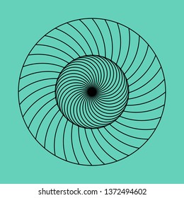 Twirling spin circle. Circular geometric pattern with moving effect of rotation. Optical symbol with stroked lines on color background.
