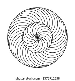 Twirling spin circle. Circular geometric pattern with moving effect of rotation. Optical symbol with black stroked lines on white background.