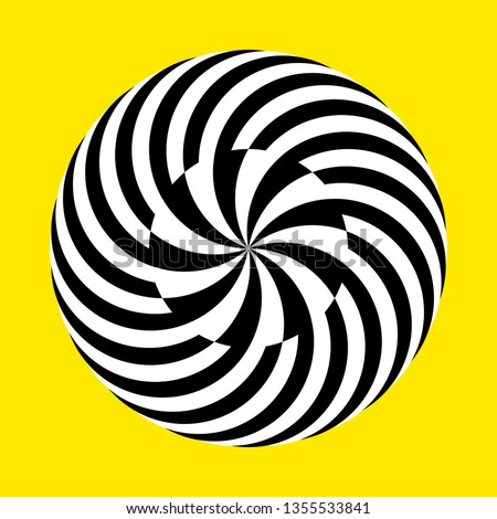 Twirling spin circle. Circular geometric pattern with moving effect of rotation. Black and white optical symbol with striped lines.