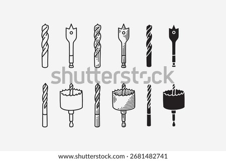 twist bit, spade bit, masonry bit, hole saw line icon set. woodworking drill bits silhouette symbol pack. construction power tool drill engraving element design bundle. Vector illustration