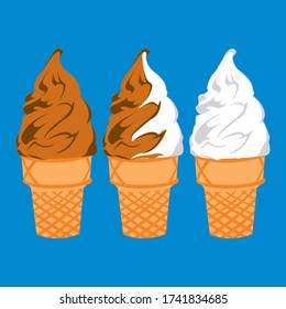 Twist cone ice cream, vanilla, chocolate and combined, orange cone, vector, wafer