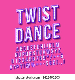 Twist dance vintage 3d vector lettering. Retro bold font, typeface. Pop art stylized text. Old school style letters, numbers, symbols, elements pack. 90s, 80s poster, banner. Ruby color background