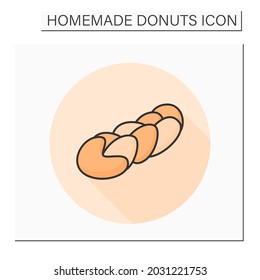 Twist donut color icon. Braid shape sugar-glazed cream-filled doughnut. Concept of Bavarian recipe pastry home baking and tasty unhealthy food.Isolated vector illustration