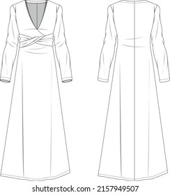 twist front maxi dress cad technical drawing vector