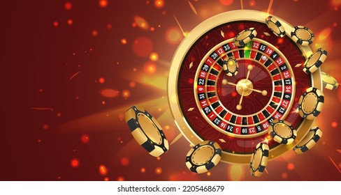 Twist gold poker chips, tokens on  golden casino roulette wheel on red background with golden light, rays, glare, sparkles. Vector illustration for casino, game design, advertising.