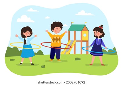 Twist the hula hoop. Children walk in the park and play with a hoop. Activity for little girls and boys. Banner, poster, postcard. Cartoon is a flat vector illustration isolated on a white background