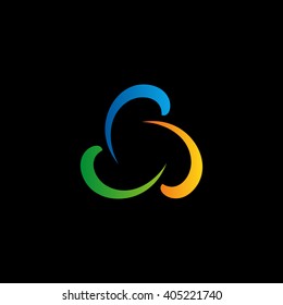 Twist logo on black background. Colorful boomerang icon. Isolated abstract vector sign. Shiny logotype. Hurricane, tornado graphic illustrations. 