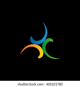 Twist logo on black background. Colorful boomerang icon. Isolated abstract vector sign. Shiny logotype. Hurricane, tornado graphic illustrations. 