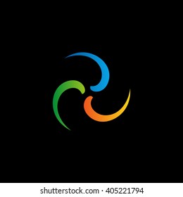 Twist logo on black background. Colorful boomerang icon. Isolated abstract vector sign. Shiny logotype. Hurricane, tornado graphic illustrations. 