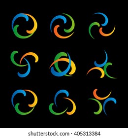 Twist logo on black background. Colorful boomerang icon. Isolated abstract vector set of logos. Shiny logotype. Hurricane, tornado graphic illustrations. 