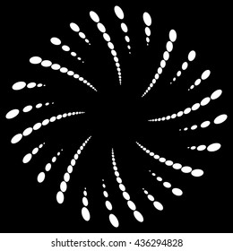 Twist, spiral shape with circles. Rotating dotted element. Abstract grayscale, black and white (monochrome) circular graphics