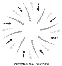 Twist, spiral shape with circles. Rotating dotted element. Abstract grayscale, black and white (monochrome) circular graphics