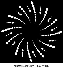Twist, spiral shape with circles. Rotating dotted element. Abstract grayscale, black and white (monochrome) circular graphics