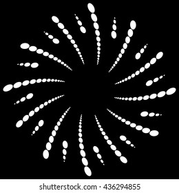 Twist, spiral shape with circles. Rotating dotted element. Abstract grayscale, black and white (monochrome) circular graphics