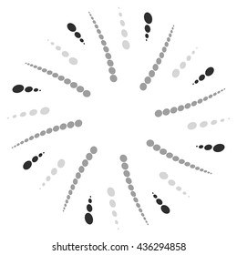 Twist, spiral shape with circles. Rotating dotted element. Abstract grayscale, black and white (monochrome) circular graphics