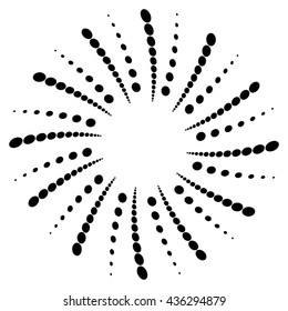 Twist, spiral shape with circles. Rotating dotted element. Abstract grayscale, black and white (monochrome) circular graphics