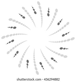 Twist, spiral shape with circles. Rotating dotted element. Abstract grayscale, black and white (monochrome) circular graphics