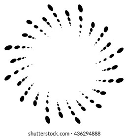 Twist, spiral shape with circles. Rotating dotted element. Abstract grayscale, black and white (monochrome) circular graphics