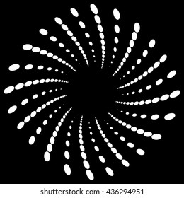Twist, spiral shape with circles. Rotating dotted element. Abstract grayscale, black and white (monochrome) circular graphics