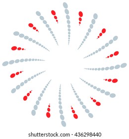 Twist, spiral shape with circles. Rotating dotted element. Abstract circular graphics. Red, blue/gray in colors.